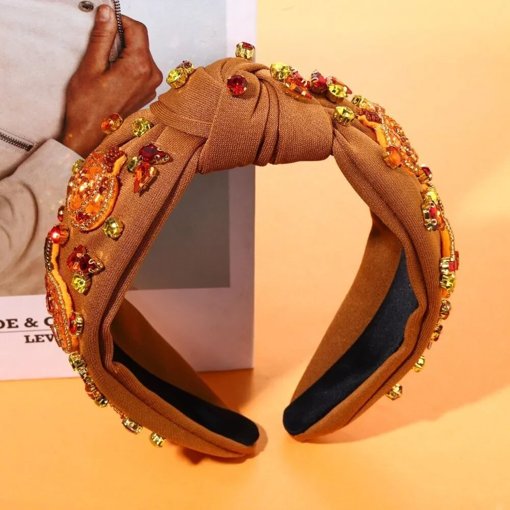 Thanksgiving Headband Beaded Pumpkin Knotted Wide Fall Hair Accessory